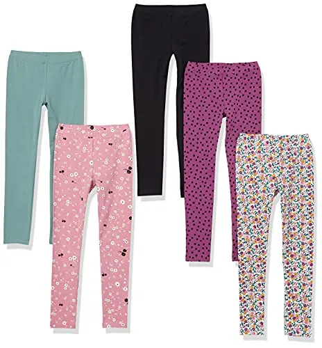 Amazon Essentials Mädchen Leggings, 5er-Pack, Purpur Punkte/Rosa Blumen/Schwarz/Türkisgrün/Weiß Streublumen, 8-9 Jahre