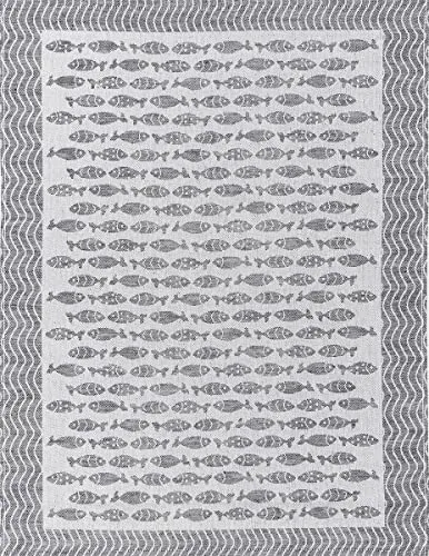 KRACHT Geschirrtuch Jacquard Halbleinen Little Fish Fische grau 50x70 cm