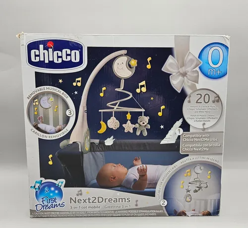 Chicco Next2Dreams Babybett Mobile - 3 in 1 mit Licht und Musik - Baby Mobiles: Ideal für Next2Me-Babybetten, spielt 20 Minuten klassische Musik und beruhigende Klänge, mit abnehmbarer Steuerung und sanftem Nachtlicht für eine entspannte Atmosphäre.