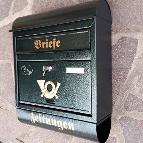Eigenmarke Großer Briefkasten/Postkasten XXL Metall Grün mit Zeitungsrolle Runddach Wandmontage Modern 44x36x13,5 cm Dunkelgrün 2 Sicherheits Schlüssel