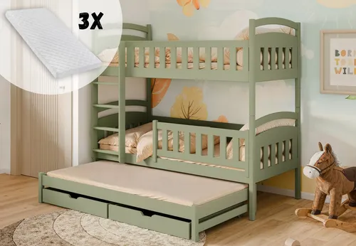 Hochbett 90x200 Etagenbett für Kinder mit Schubladen - Modulares Etagenbett für 3 Kinder, umbaubar in 3 Einzelbetten, inklusive Lattenrosten & 3 Matratzen. Sicherheit nach EN 747 mit Rausfallschutz und zwei Schubladen für zusätzlichen Stauraum.