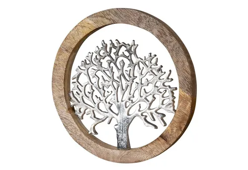 Levandeo® Dekoobjekt, Wandbild Ø25cm Lebensbaum Metall Holz Mango Silber Braun Bild
