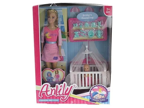 Puppe, 29 cm, mit Bettchen und Minipuppe