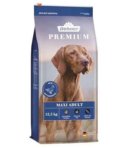 Dehner Premium Hundefutter Maxi Adult - Trockenfutter für große Rassen, getreide- und zuckerfrei, mit Ente, Lamm und Kartoffel, 12,5 kg
