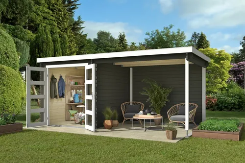 Gartenhaus Blockhaus Pultdach Long Beach grün 492x250 cm - Gartenhaus aus 28 mm Blockbohlen, ideal für die Gartenlagerung mit abschließbarer Doppeltür und großzügiger Nutzfläche von 10.47 m².