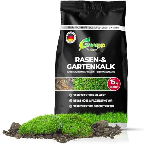 Greenyp Rasenkalk & Gartenkalk I 15kg / 300m² I fein gekörnter kohlensaurer Kalk gegen Moos und Pilze im Rasen I staubarm & ideal für den Streuwagen I verstärkt die Düngung I Rasendünger Frühjahr