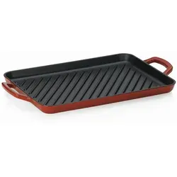 KELA Grillplatte CALIDO aus Gusseisen 35 x 25 cm rot - Pfannen aus robustem Gusseisen mit induktionsfähigem Allherdboden für optimale Hitzeverteilung. Hohe Grillrippen für perfekte Grillstreifen und backofentauglich bis 300 °C.