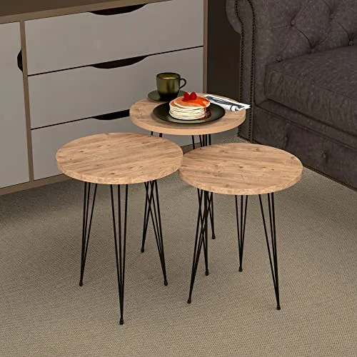 [en.casa] Beistelltisch-Set Ry - 3er Set Holzfarben Schwarz - Vielseitige Beistelltische in verschiedenen Größen, ideal für Wohnzimmer. Robuste Hairpinlegs sorgen für Stabilität und modernen Look.