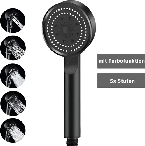 Duschkopf Regendusche wassersparend mit Turbo – Brausekopf schwarz – 5 Funktionen – starker Wasserstrahl – Druckverstärker – für Bad Dusche