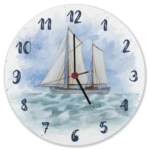 speecheese Segelschiff Wasserfarbenoptik Wanduhr Schöne Uhr mit gemaltem Segelboot als Dekoration für das Boot oder Geschenkidee für Segler mit maritimem Motiv