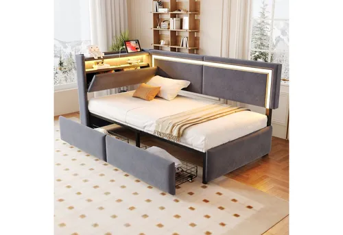 Flieks Daybett 90x200cm mit Schubladen und LED-Beleuchtung - Stylisches Polsterbett mit zwei praktischen Schubladen und moderner LED-Leiste. Ideal für kleine Räume, hochwertige Materialien und platzsparendes Design.