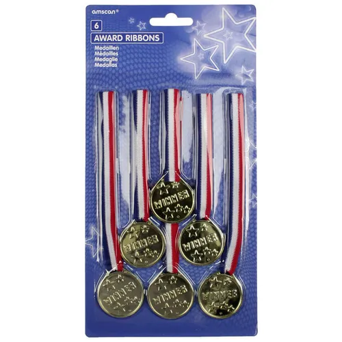 Medallien Gold am Band, 6 Stück, Gewinner, Geburtstag, Party, Karneval