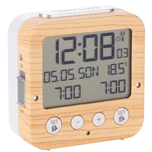 TFA Dostmann Bingo Funk-Wecker - Funkwecker mit automatischer Hintergrundbeleuchtung, zwei Weckzeiten und Temperaturanzeige - ideal für präzise Zeitmessung und einfache Bedienung.