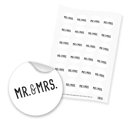itenga 24x Sticker Aufkleber Mr. & Mrs. (Motiv125) für Hochzeit modern schwarz weiß rund 4cm auf DIN A4 Bogen