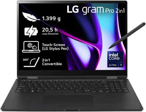 LG gram Pro 16 Zoll 2in1 Notebook - Leichtes 1399g Intel Core Ultra7 mit 20,5h Akkulaufzeit und OLED Touch Panel für maximale Mobilität