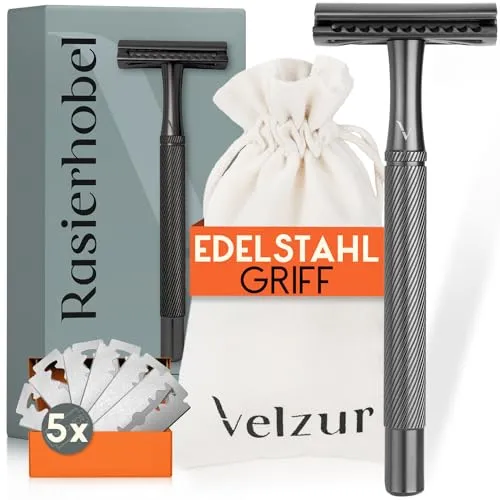 VELZUR® Rasierhobel inkl. 5 Klingen & Reisebeutel - geschütztes Griff-Design aus Edelstahl extra lang & rostfrei - Rasierhobel Set Unisex - 100% plastikfrei - Premium Safety Razor in Anthrazit