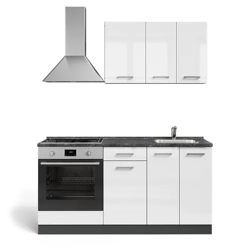 Vicco Küchenzeile R-Line, Weiß Hochglanz/Anthrazit, 160 cm - Modular und Platzsparend - Küchenzeilen mit modularer Bauweise, ideal für kleine Räume. Individuell anpassbar und höhenverstellbar für maximalen Stauraum und Flexibilität.