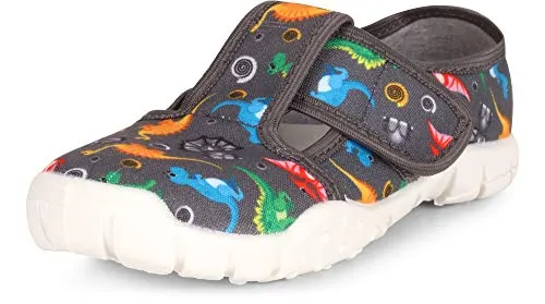 Ladeheid Hausschuhe Kinder Junge, Kinderhausschuhe mit Klettverschluss, Bequeme und Stabile Kindergarten Hausschuhe, Ideal auch für Schule, Spazierengehen und Zuhause LARW005 (Grau Dinosaurier, 33 EU)