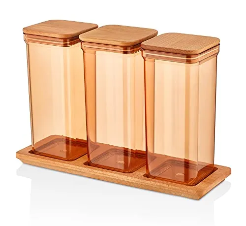 Lashuma 3x Spaghettidose Kunststoff, Vorratsdosen mit Bambusdeckel Braun - Bernstein, Müslibehälter Set 1,5 l