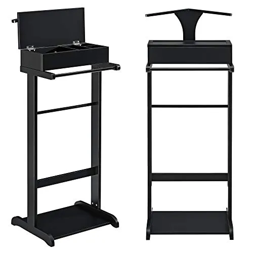 [en.casa] Herrendiener Kleiderständer mit Staufach aus Holz, Schwarz - Herrendiener für elegante Aufbewahrung von Anzügen und Jacken, mit praktischem Staufach für Accessoires und Schuhablage für eine ordentliche Garderobe.