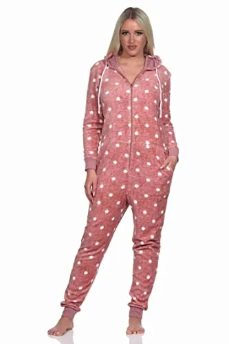 Normann Kuschelig Warmer Damen Jumpsuit Schlafanzug Overall aus Coralfleece in Tupfen Punkte Optik, Farbe:rosa, Größe:36/38