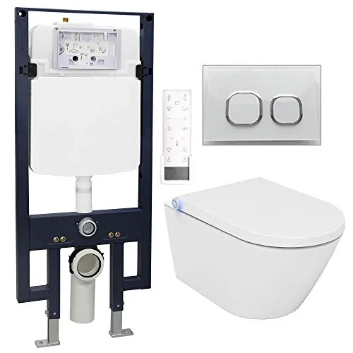 WC-Komplettpaket 18: Bernstein Dusch-WC Pro + 1102 und Soft-Close Sitz mit Vorwandelement G3008 und Betätigungsplatte vorne, Betätigungsplatte:Modell weiß Glas