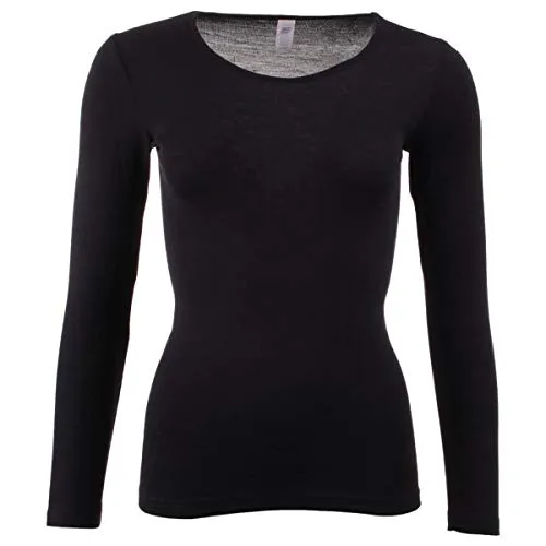 Engel Damen Unterhemd langarm, Schwarz, 34/36 - Thermooberteil für Damen, wärmendes Langarm Shirt aus bio Wolle und Seide, ideal für kalte Tage mit feuchtigkeitsregulierendem Klima.
