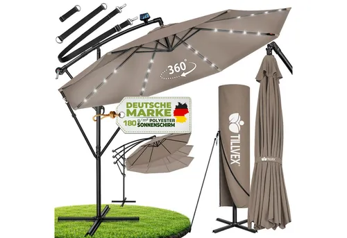 tillvex Alu Ampelschirm Cappuccino LED Solar Ø 350 cm mit Kurbel - tillvex Alu Ampelschirm mit LED Solar Ø 350 cm | Sonnenschirm mit Kurbel und An-/Ausschalter | UV-Schutz und wasserabweisend. Ideal für entspannte Stunden im Freien, stabil und einfach in der Handhabung.
