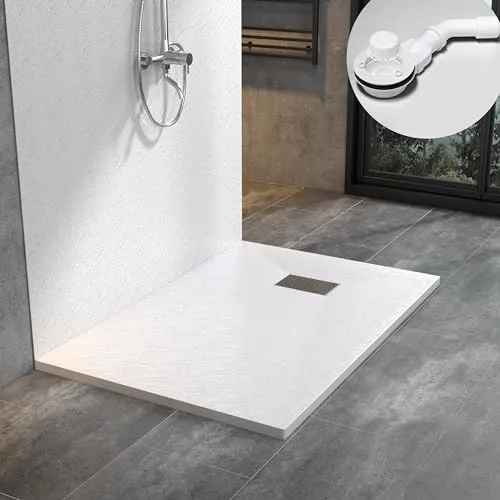 WITEN&NOCK SMC Duschwanne 140x80cm weiß Brausewanne Duschtasse 3,2cm extra flache Steinoptik Antirutsch inkl. Edelstahl Abdeckung und Ablaufgarnitur Ø90mm Siphon