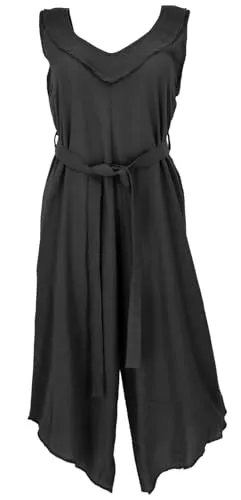 GURU SHOP Damen Boho Jumpsuit - Schwarz, Baumwolle, Size:S/M - Luftiger Einteiler im Boho-Stil mit weiten Hosenbeinen und romantischem V-Ausschnitt. Angenehm zu tragen aus natürlichem Material, ideal für Alltag und besondere Anlässe. Der Bindegürtel betont die Taille für eine feminine Silhouette.