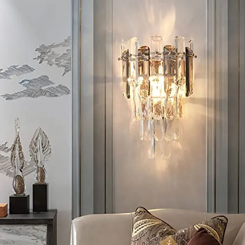 Sxtiger Kristall Wandleuchte, Moderne E14 Luxus Kristall Wandlampe Innen, für Wohnzimmer Schlafzimmer Küche Flur Treppen Restaurant Hotel Beleuchtung (Grau)