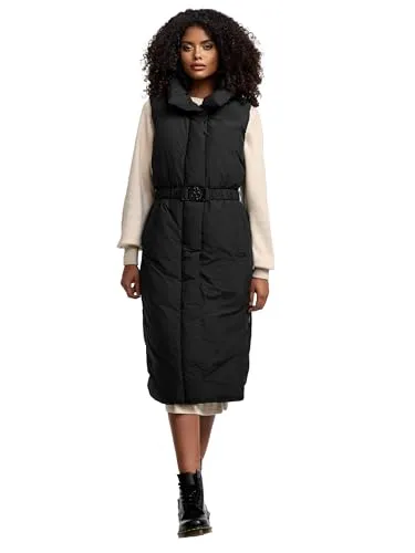 Navahoo Damen ärmellose Lange Outdoorweste - Winterjacke mit Taillengürtel - Funktionsjacken mit wasser- und windabweisenden Eigenschaften, ideal für kalte Tage. Der Taillengürtel sorgt für eine feminine Silhouette und der hohe Kragen für zusätzlichen Schutz.