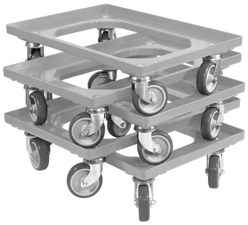Logiplast Transportroller für Kisten 600x400 mm - 5er Set mit 4 Lenkrollen - Erleichtern Sie den Transport mit unserem 5er Set Transportroller für Kisten 600x400 mm. Ideal für Werkstätten und Haushalte, tragen sie bis zu 250 kg und bieten hohe Stabilität bei jedem Einsatz.