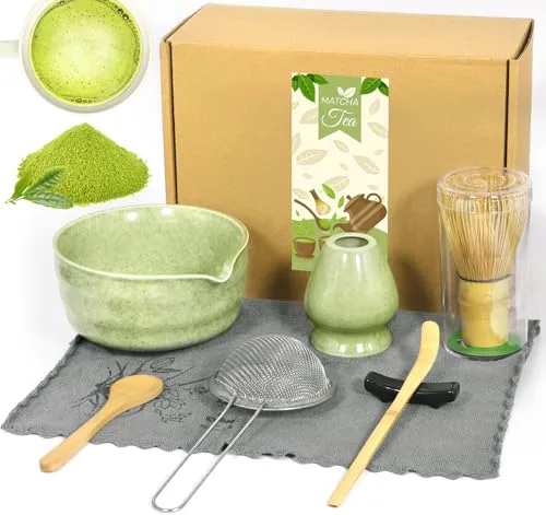 TEBOKHAD Matcha Set, 8-Teiliger Matcha Tea Set, Matcha Besen Set, Mit Ausgießer, Chasen, Matcha Löffel,Schaufel, Sieb,Teetuch, Besenhalter, Japanisches Matcha Kit Für Matcha-Liebhaber, Grün