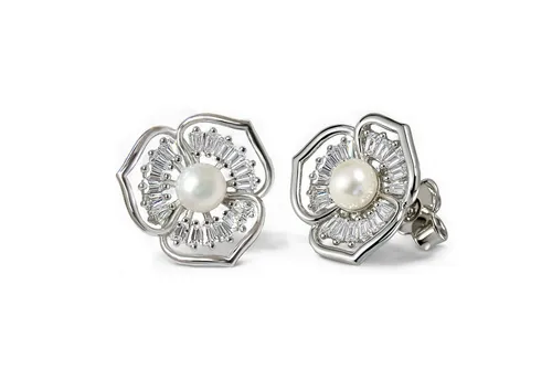 Schöner-SD Paar Ohrstecker Damen Ohrringe große Blume 15mm 925 Silber mit Perle und Zirkonia, Blumen-Form