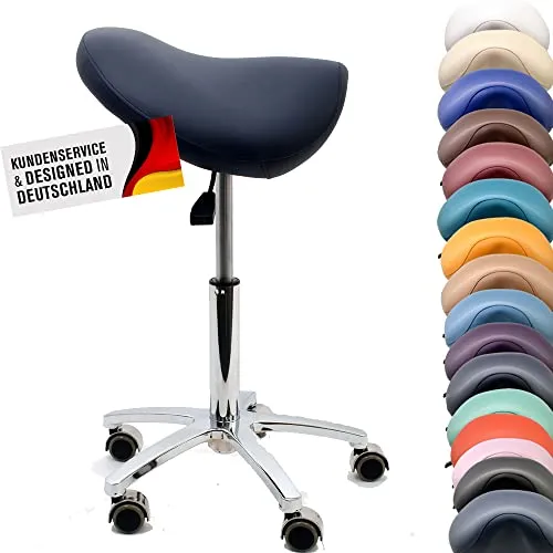 Promafit Sattelhocker/Sattelstuhl mit Gummirollen für alle Böden und Metallfuß - ergonomisch - stufenlos höhenverstellbar - viele Farben - 360° drehbar (Marineblau, Ohne Fußring)
