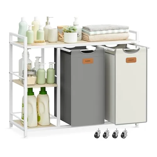 VASAGLE Wäschekorb 2 Fächer, Wäschesammler 100 L, Wäschesortierer, Rollen, Wäschewagen mit Ablagen, Wäschesack, mit abnehmbaren Taschen, 6 Etiketten, naturbeige-taubengrau-cremeweiß BLH311G01
