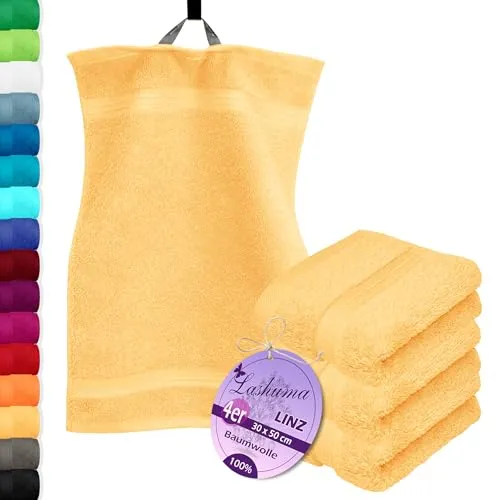 Lashuma 4X Flauschige Gästetücher 30x50 cm - Aprikosen Gelb - Praktisches 4er Set Gästetücher in frischem Aprikosen Gelb, ideal für Badezimmer und Reisen. Hergestellt aus 100% Baumwolle, bieten diese Handtücher hohe Saugstärke und Weichheit für ein angenehmes Hautgefühl.