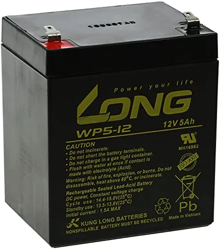 KungLong Bleiakku WP5-12, 12V, Lead-Acid - Akkus, leistungsstarker 12V Bleiakku mit hoher Zuverlässigkeit für Notstromversorgung und Sicherheitssysteme.