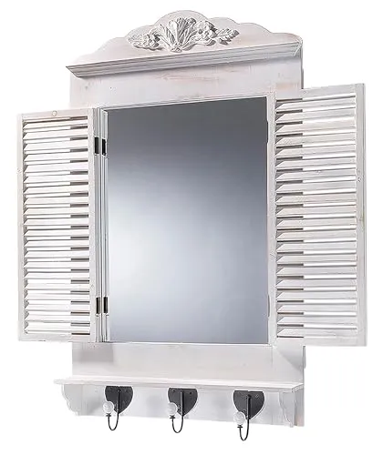 Kobolo Dekofenster mit Spiegel, White Vintage, 54x12x95 cm - Dekorative Wandspiegel im Fensterdesign, ideal für Flur oder Wohnzimmer, mit praktischen Metallhaken für Jacken und Schals, vereint Stil und Funktionalität.