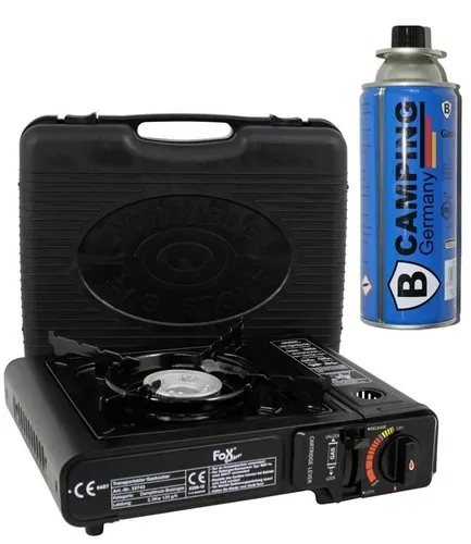 Fox Outdoor Gaskocher mit Piezo-Zündung - Campingkocher mit praktischem Transportkoffer, ideal für Outdoor-Abenteuer und einfach in der Handhabung.