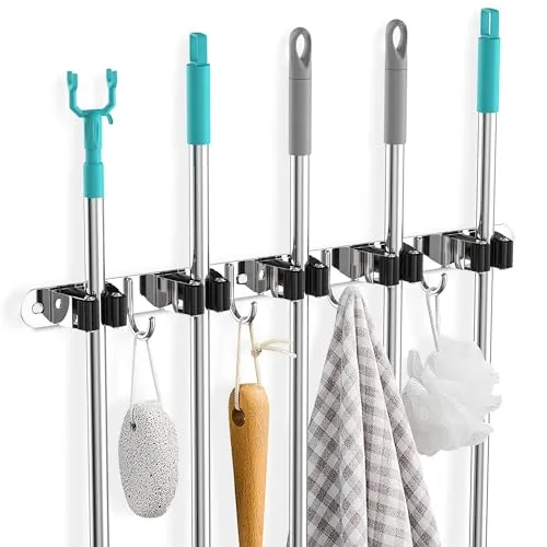 Cheerhom Besenhalterung Wand Selbstklebend, Besenhalter mit 5 Halter+4 Hakenleiste, Gerätehalter mit Schraubbefestigung, Edelstahl Gartengerätehalter für Küche, Bad, Garten, Garage
