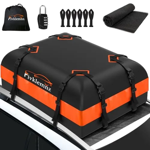 FIVKLEMNZ Dachbox Auto, Dachgepäckträger Tasche, Wasserdicht für alle Fahrzeugdächer mit/ohne Gepäckträger Inklusive Topper Anti-Rutsch-Matte + Verstärkte Gurte +6 Türhaken +Gepäckschloss(15 Kubikfuß)