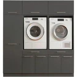 LAUNDREEZY Waschmaschinenschrank 2x mit Schrankaufsatz, Anthrazit - Podeste & Rahmen für Waschmaschinen, TÜV-zertifiziert mit viel Stauraum und Softclose-Türen für eine stilvolle und funktionale Lösung.
