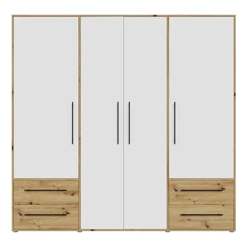 MOKKARIS Drehtürenschrank - Kleiderschrank mit modernem Dekor in Artisan Eiche/Weiß, bietet großzügigen Stauraum mit 5 Böden, 4 Schubkästen und 3 Kleiderstangen für optimale Ordnung.