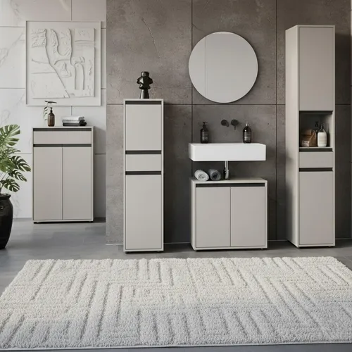 Badmöbel Set 5-tlg Soft-Close XXL | HAMBURG Kadima Design in Steingrau - Modernes 5-teiliges Badezimmer-Set für maximalen Stauraum und stilvolles Design. Mit Soft-Close-Technik für geräuschloses Schließen und einem eleganten runden Spiegel. Ideal für große Bäder!