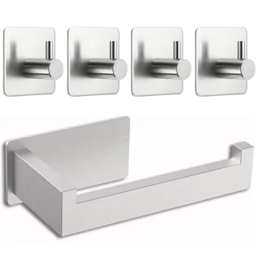 Toilettenpapierhalter Ohne Bohren, Klopapierhalter Ohne Bohren, Selbstklebend Toilettenpapierrollenhalter Edelstahl mit 4 Stück Handtuchhaken,Toilet Paper Holder für Bad und Küche(Silber)