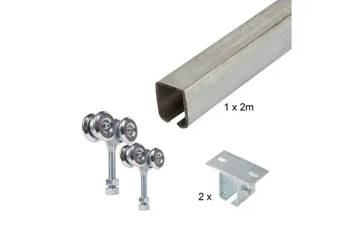 ATTAS Laufschienenprofil Laufwerkset Basic-Line 200 cm - Türen – Geteilte Lieferung für Schiebetore und -türen, ideal für Raumtrennung. Bis zu 150 kg pro Flügel, feuerverzinkt für hohe Langlebigkeit.
