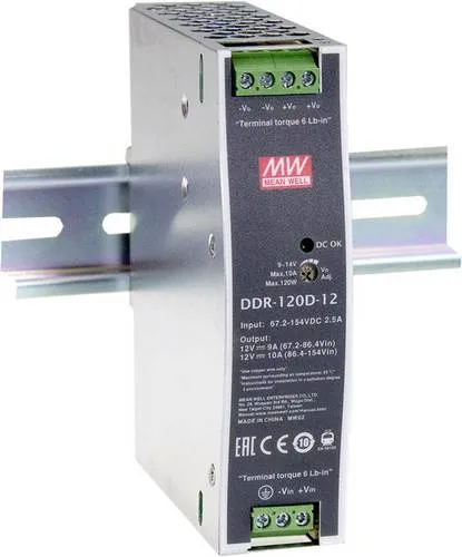 MW Mean Well DDR-120C-24 Hutschienen-DC/DC-Wandler - Sonstige Elektroinstallationsartikel, leistungsstarker 120W Wandler mit 24V/5A für zuverlässige Stromversorgung auf Hutschienen.