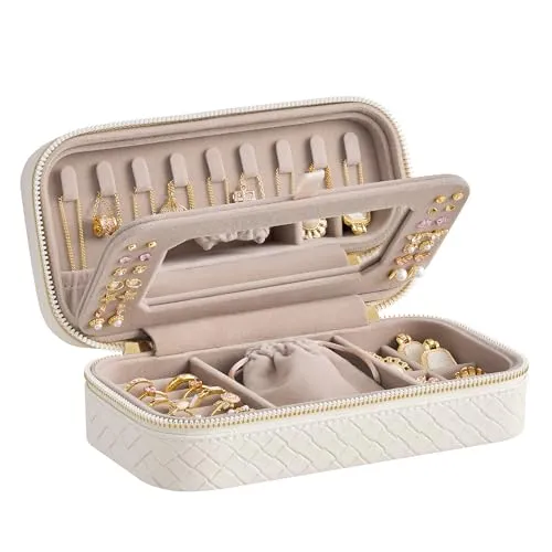 SONGMICS HOME Reise-Schmuckkoffer, Schmuck-Organizer-Box mit Spiegel, Schmuckbeutel, gewebtes geprägtes PU-Leder, tragbare Schmuckaufbewahrung, Weihnachtsgeschenke, Wolkenweiß UJBC197W01
